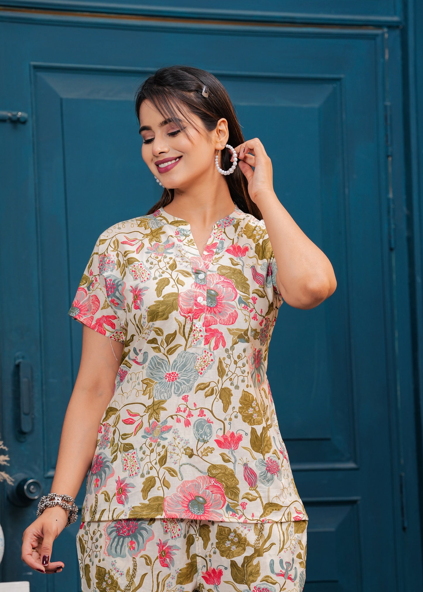 Off White Beige & Pink Printed Short Sleeve Top & Trouser Co-Ords