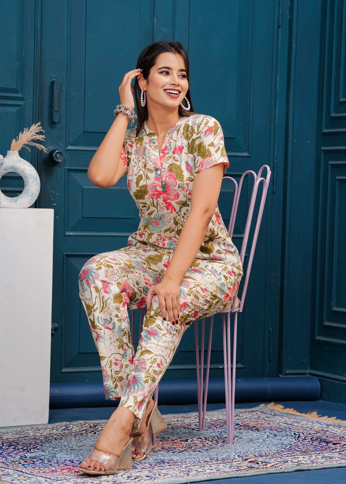 Off White Beige & Pink Printed Short Sleeve Top & Trouser Co-Ords