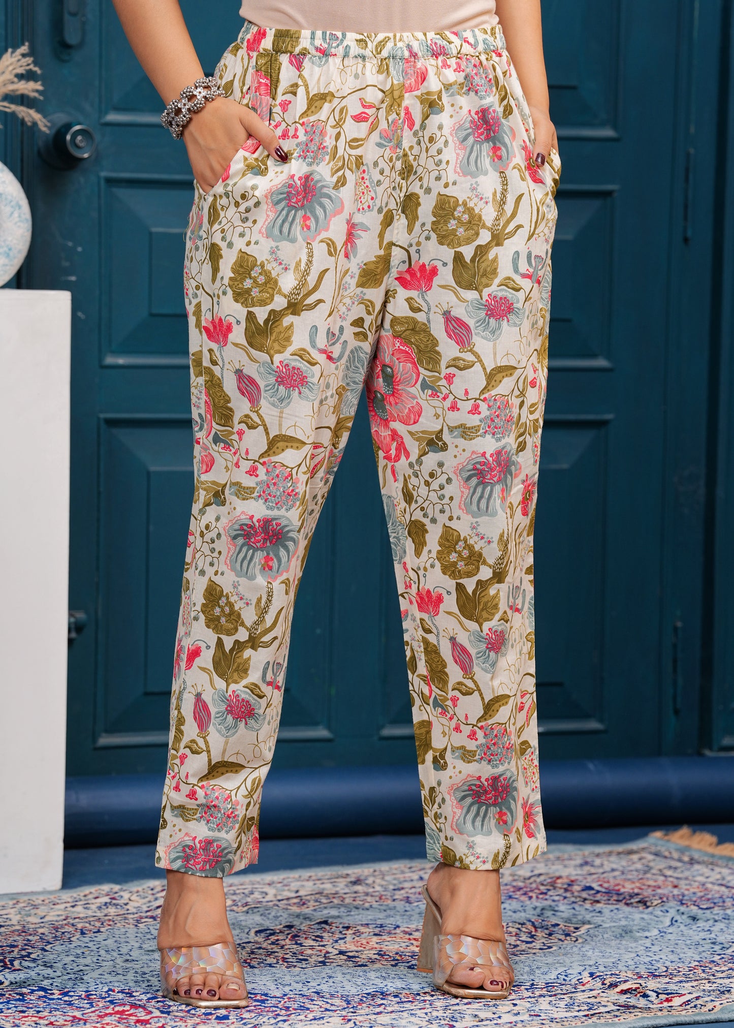 Off White Beige & Pink Printed Short Sleeve Top & Trouser Co-Ords
