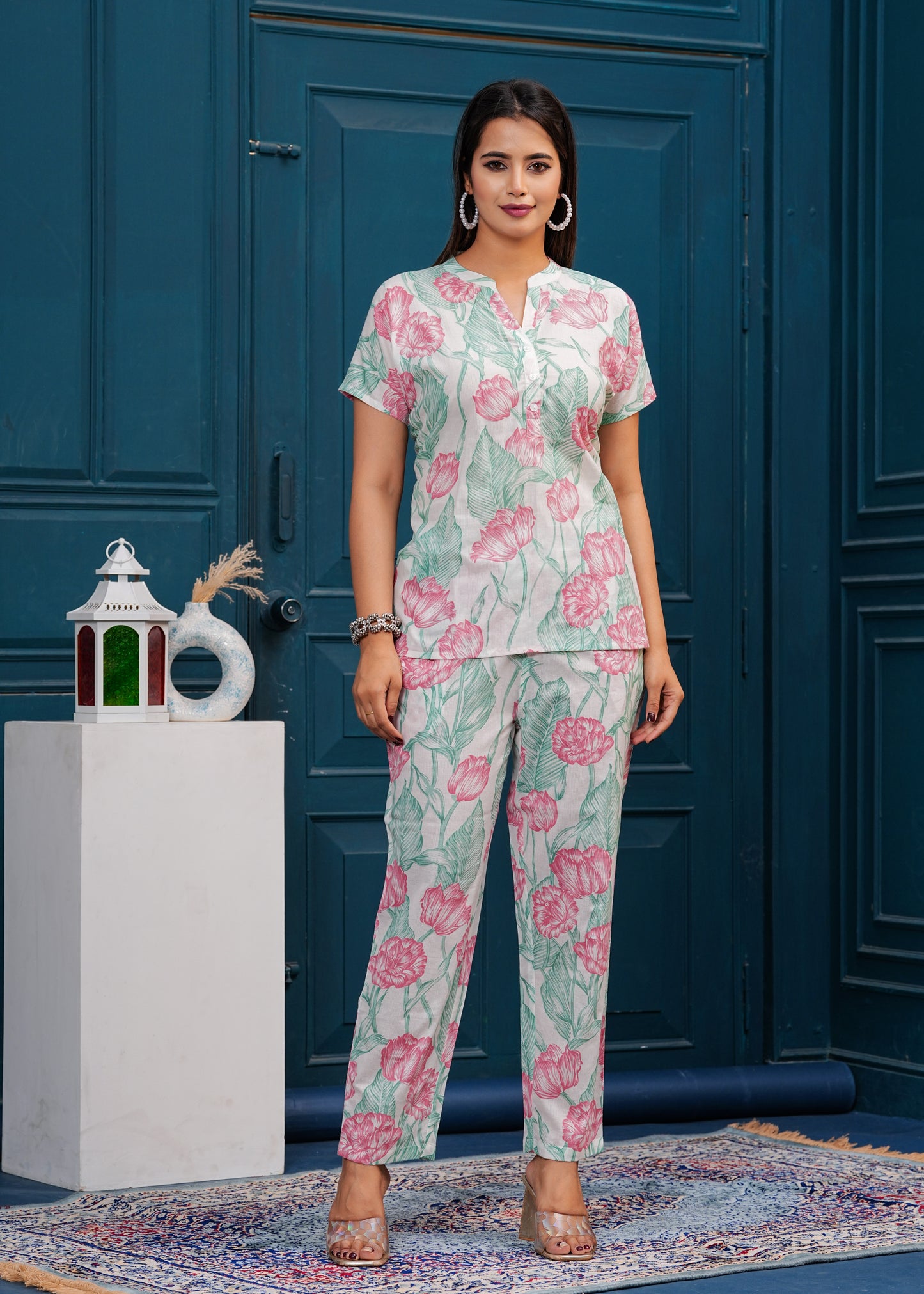 Off white Printed Pure Cotton Top With Trousers Co-Ords