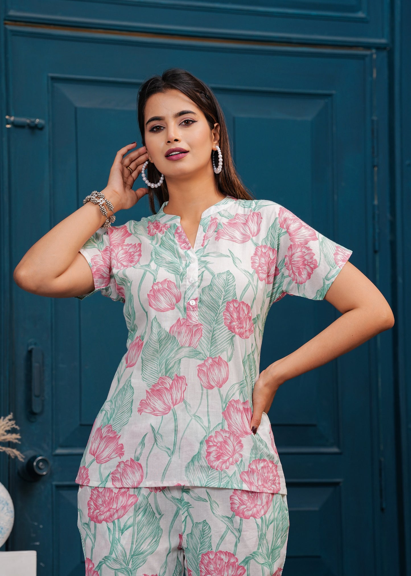 Off white Printed Pure Cotton Top With Trousers Co-Ords