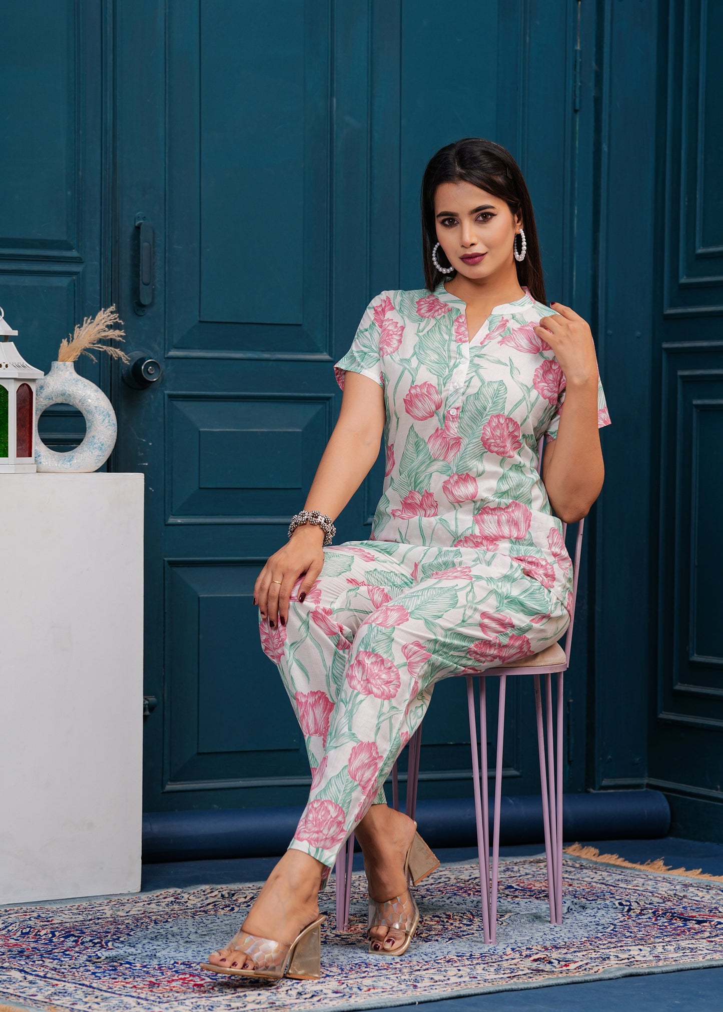 Off white Printed Pure Cotton Top With Trousers Co-Ords