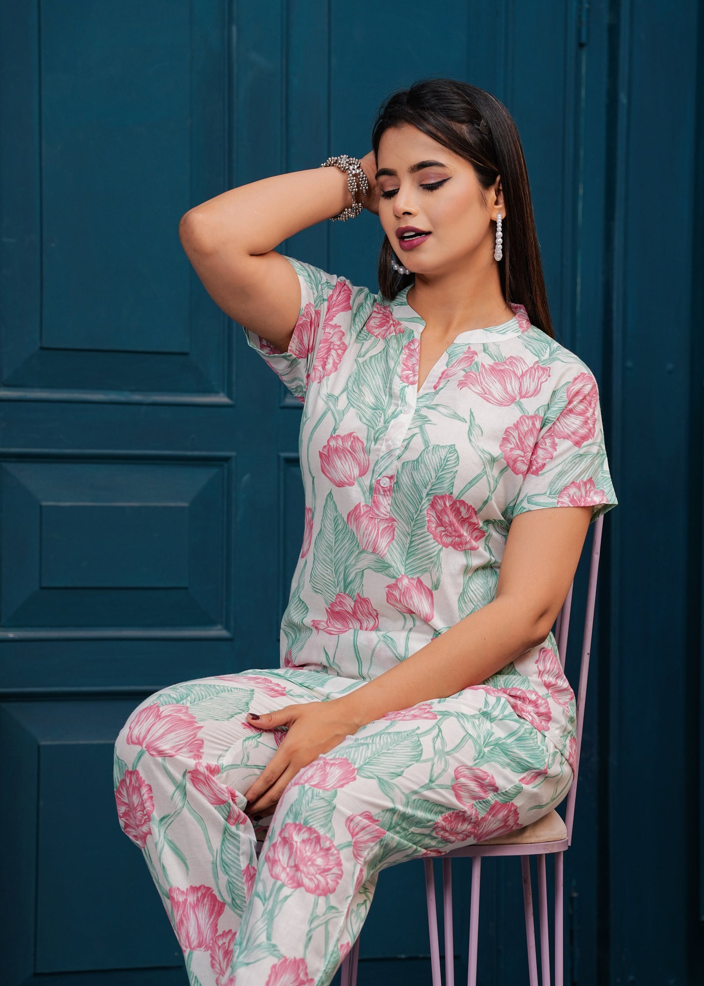 Off white Printed Pure Cotton Top With Trousers Co-Ords