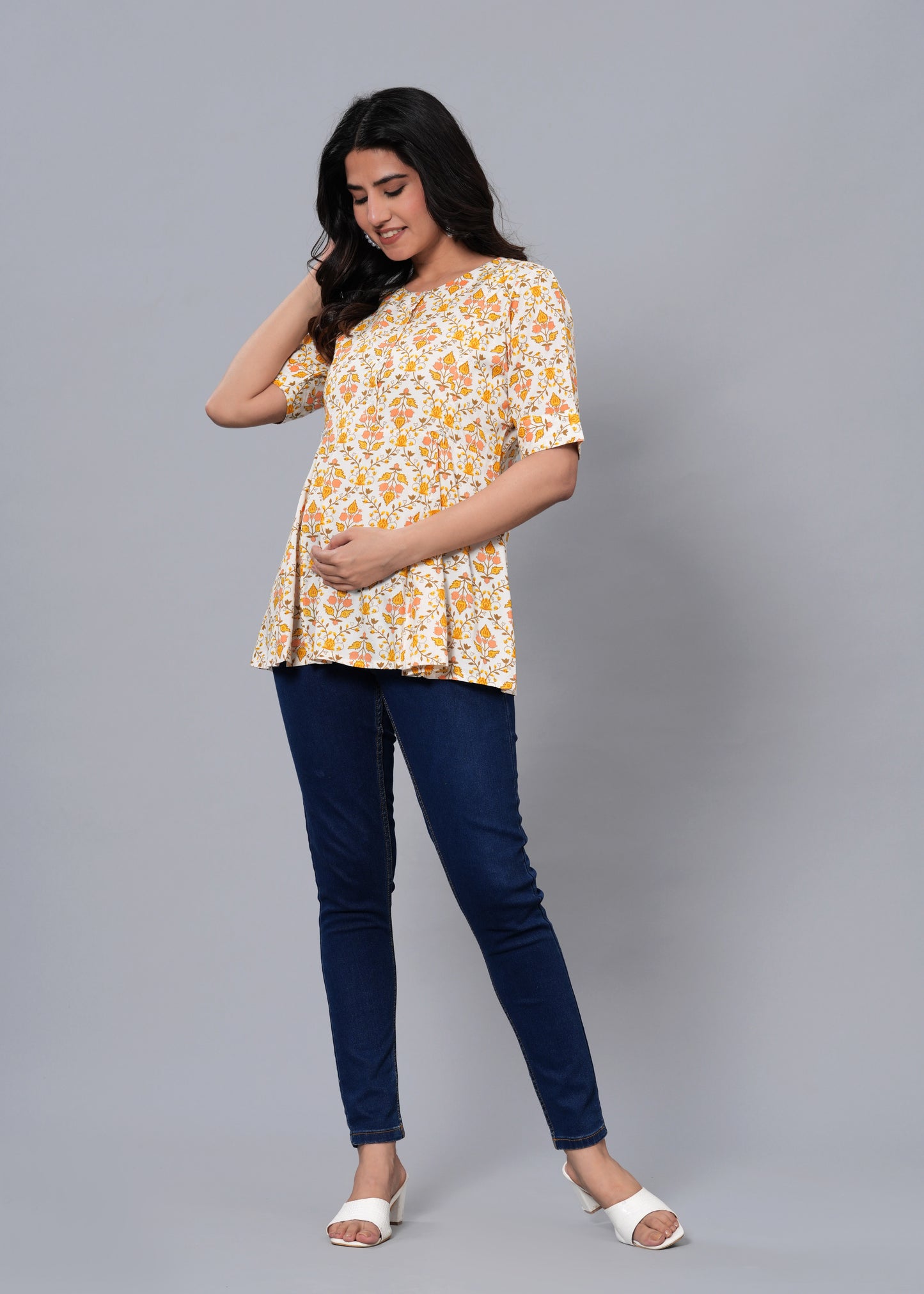 Off White & Yellow Regular A-Line Maternity Top