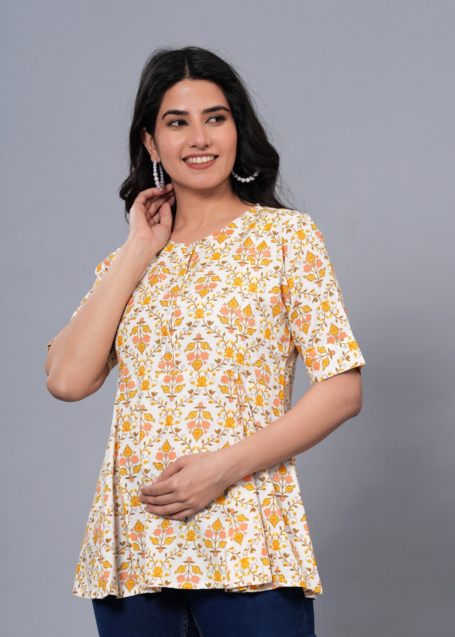 Off White & Yellow Regular A-Line Maternity Top
