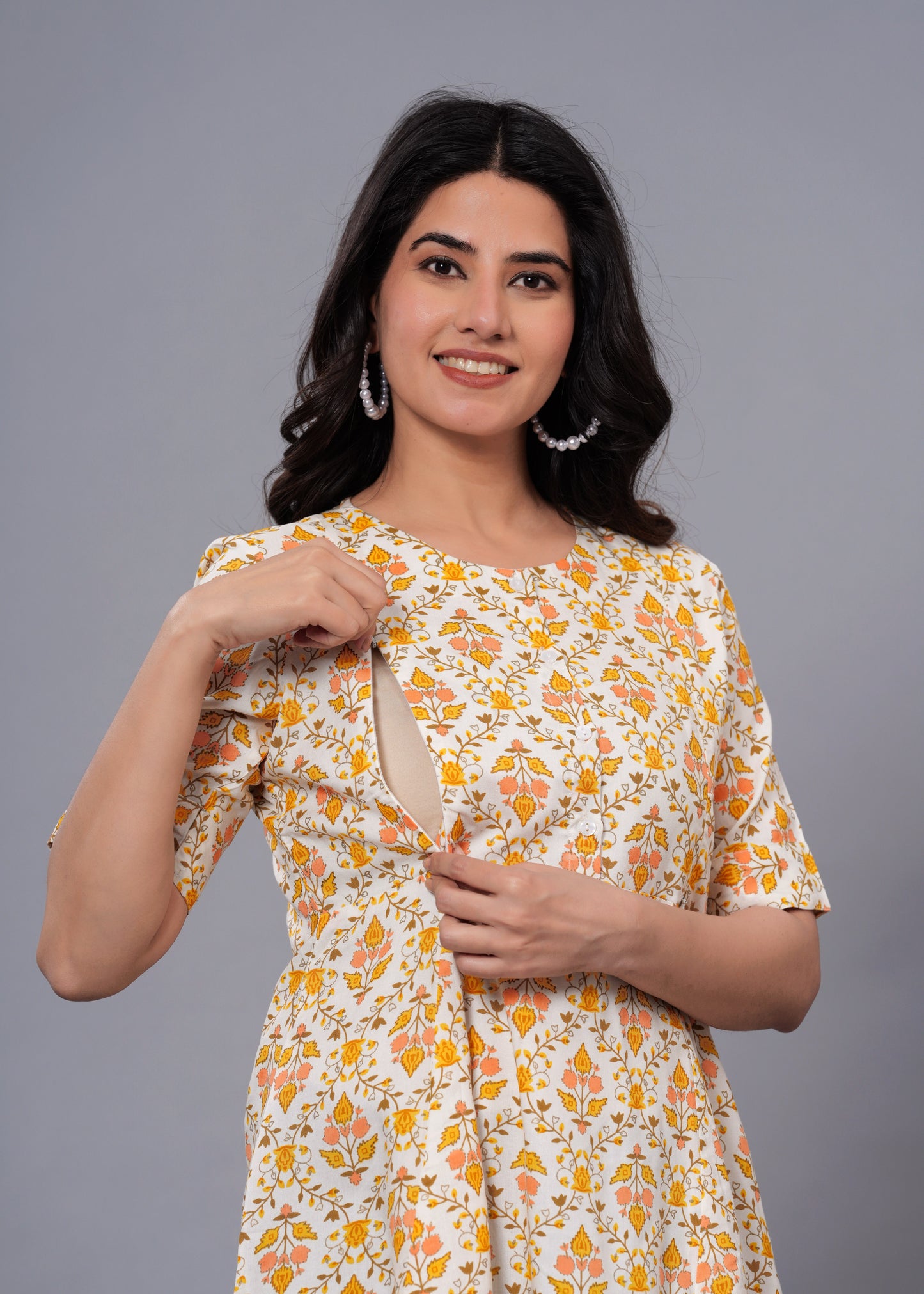 Off White & Yellow Regular A-Line Maternity Top