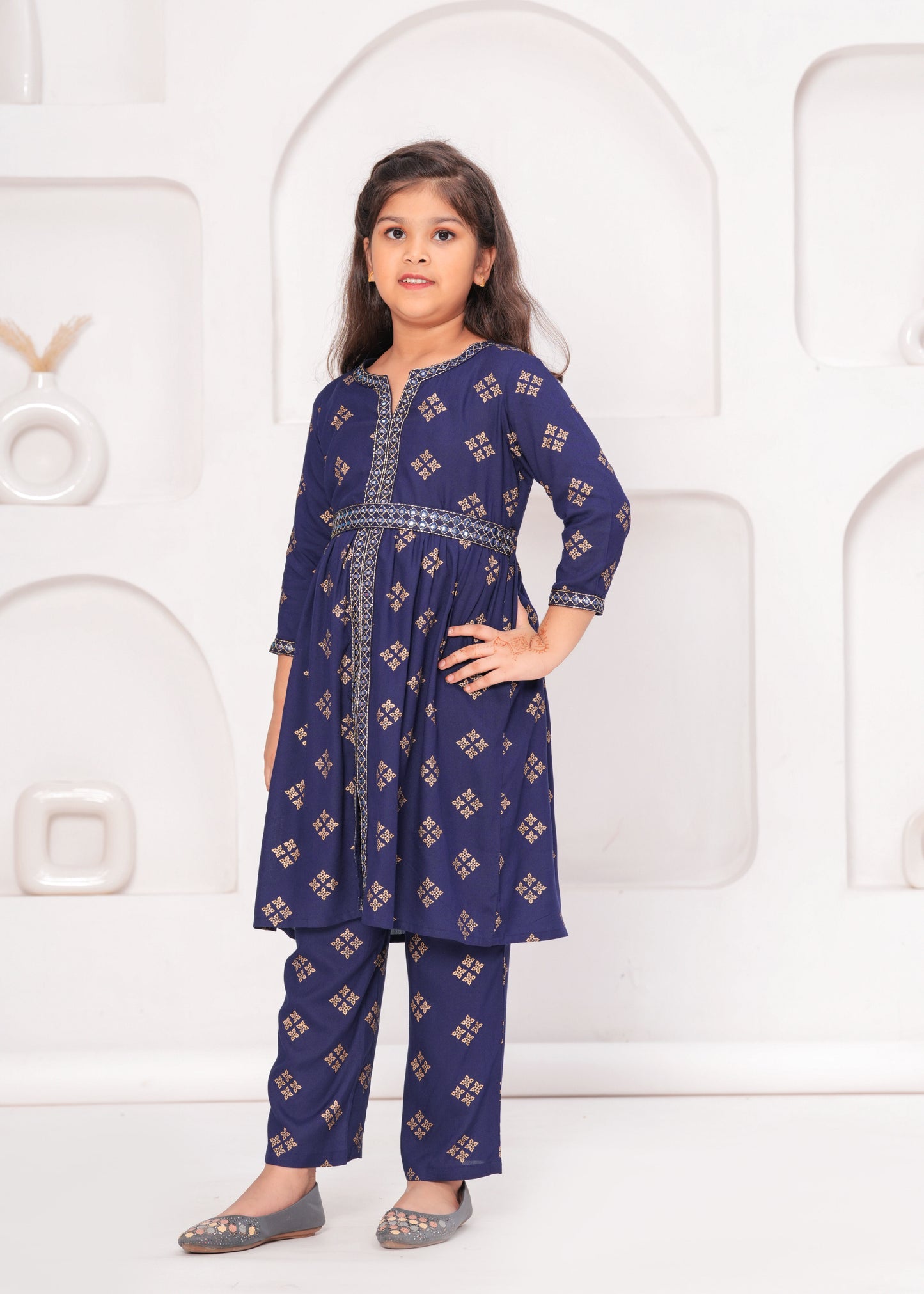 Blue Color Embroidered Printed Kurta Set For Girls