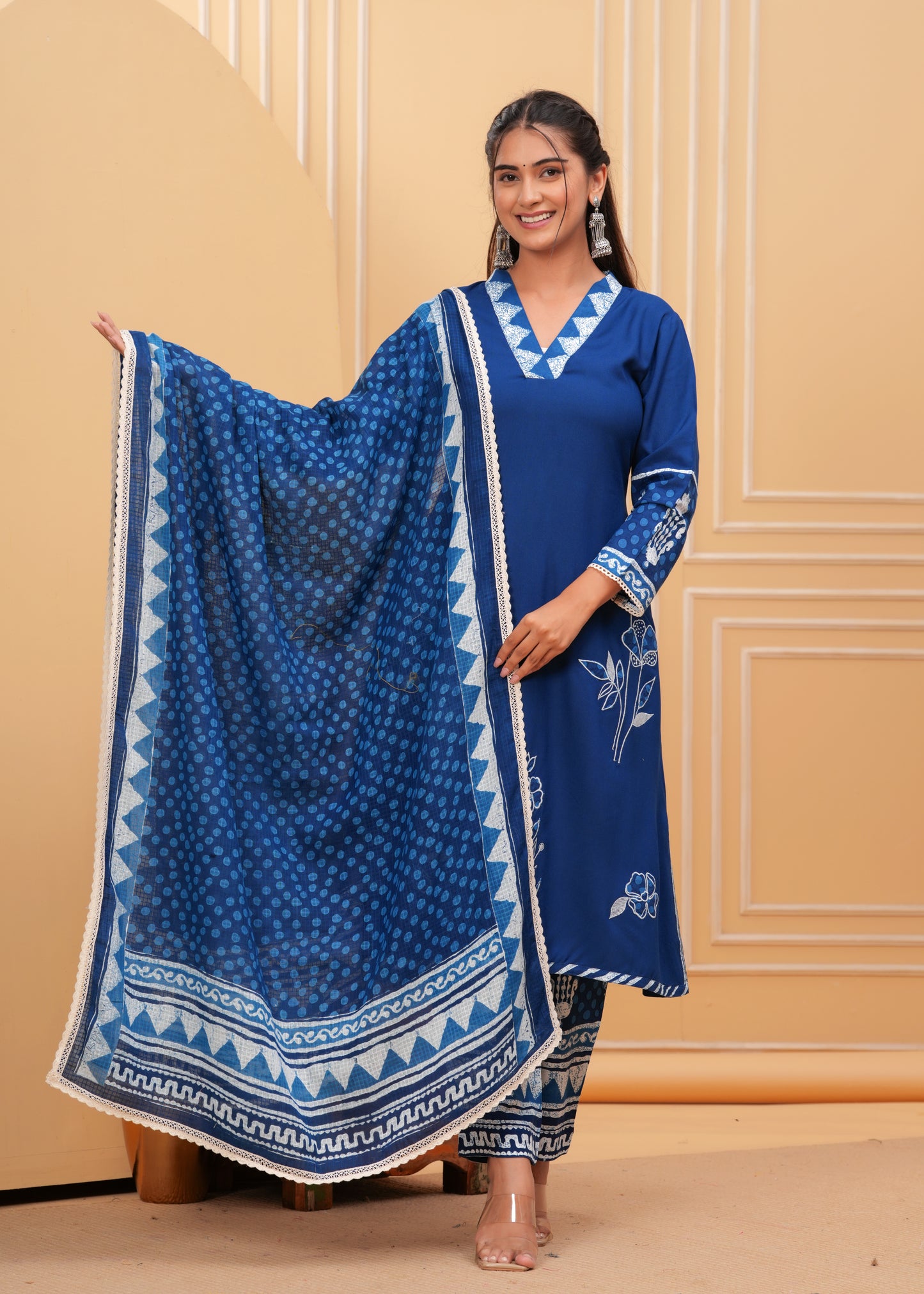 Embroidered A-Line Kurta with Trousers & With Dupatta