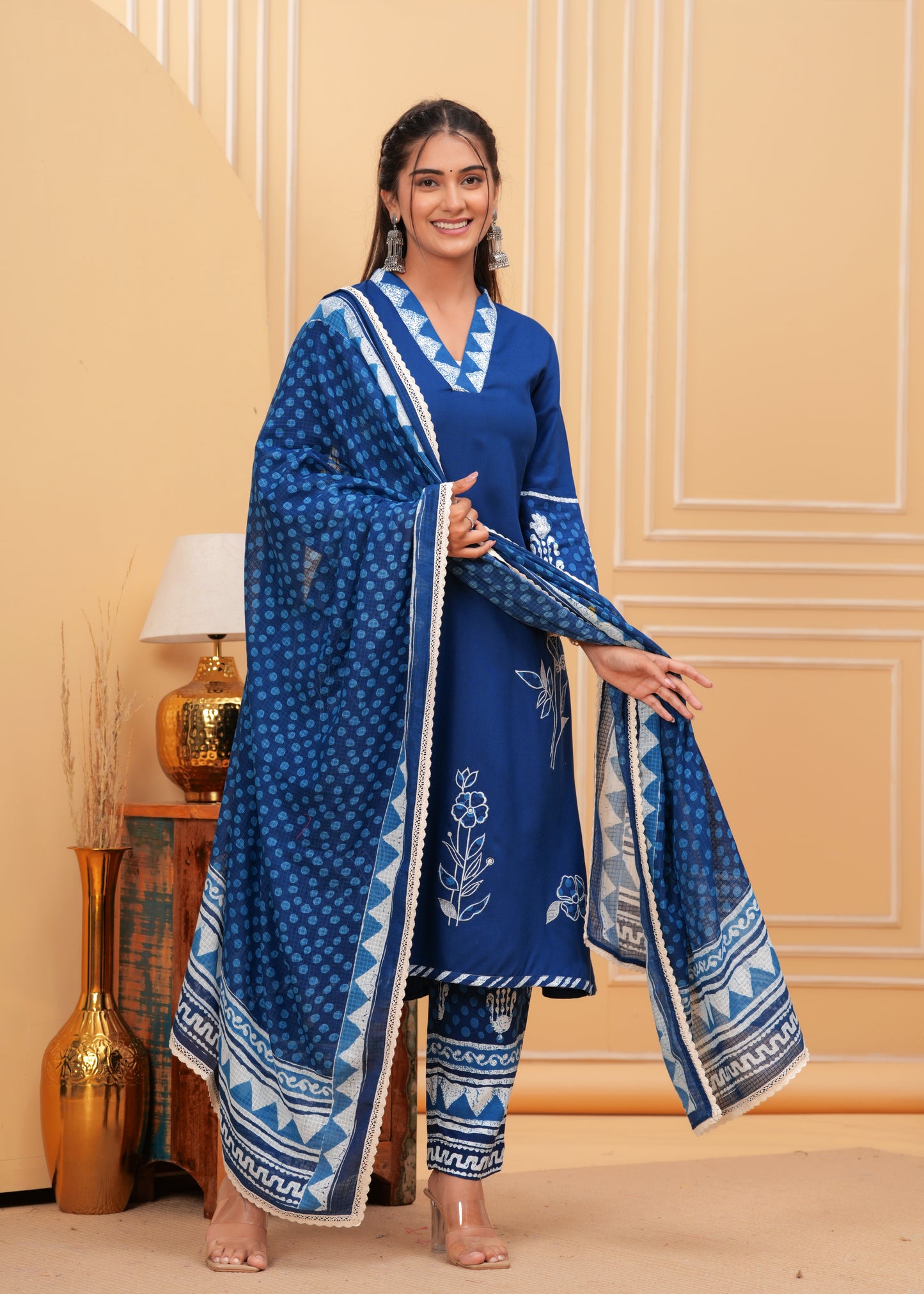 Embroidered A-Line Kurta with Trousers & With Dupatta