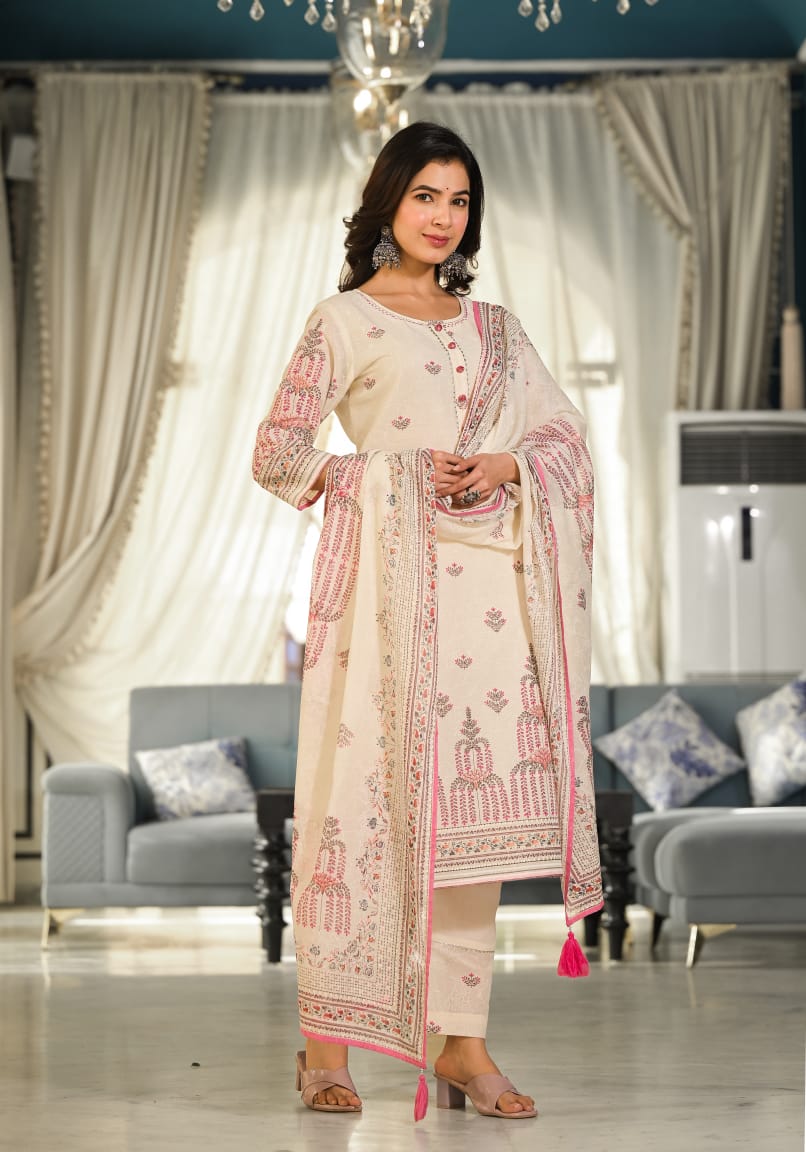 SIDDHANAM Women Floral Embroidered Regular Thread Work Pure Cotton Kurta with Trousers & With Dupatta (Beige)
