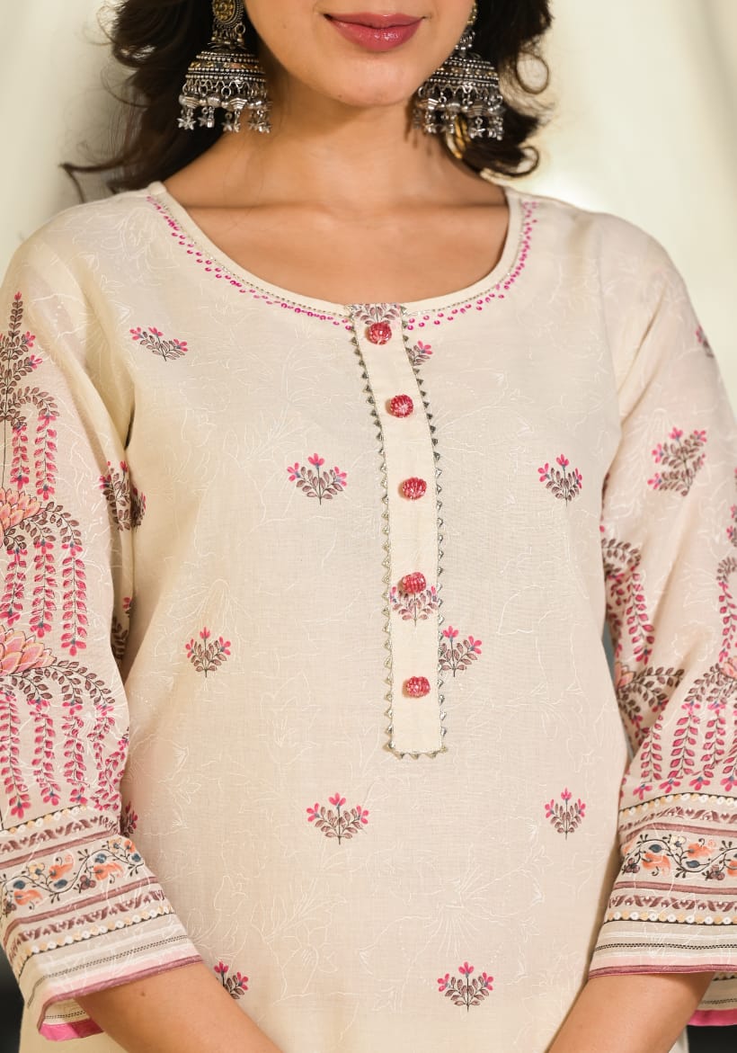 SIDDHANAM Women Floral Embroidered Regular Thread Work Pure Cotton Kurta with Trousers & With Dupatta (Beige)