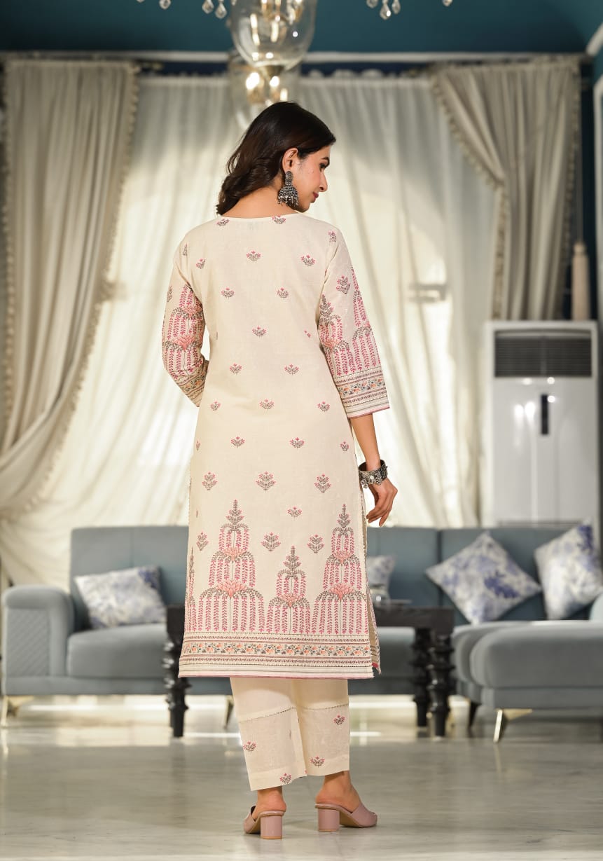 SIDDHANAM Women Floral Embroidered Regular Thread Work Pure Cotton Kurta with Trousers & With Dupatta (Beige)