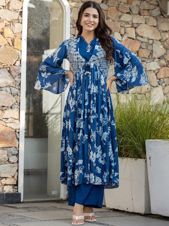 Floral Embroidered Bell Sleeves Mirror Work Pure Cotton Kurta With Palazzos