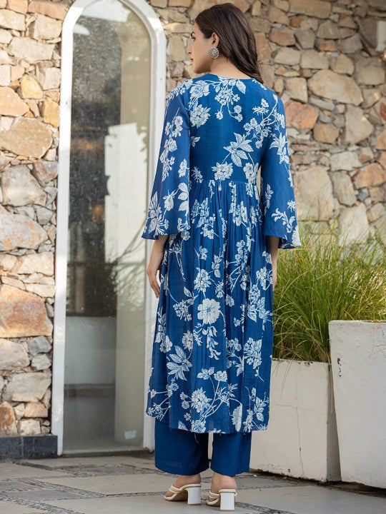 Floral Embroidered Bell Sleeves Mirror Work Pure Cotton Kurta With Palazzos