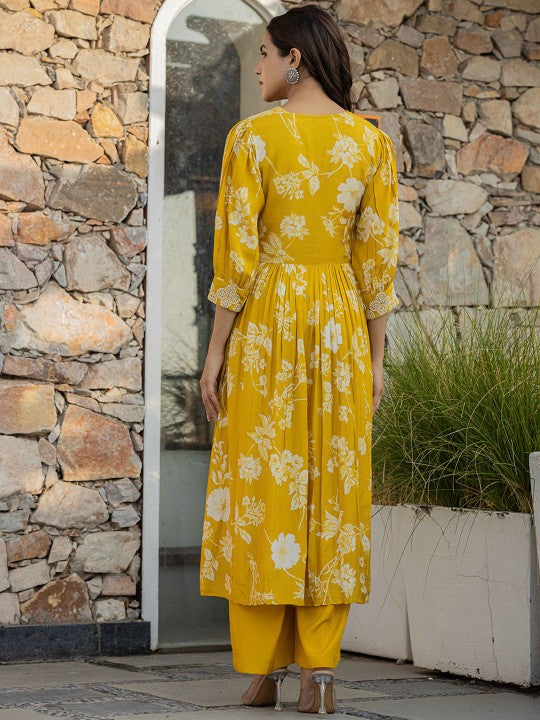 Floral Embroidered Bell Sleeves Thread Work Pure Cotton Kurta With Palazzos