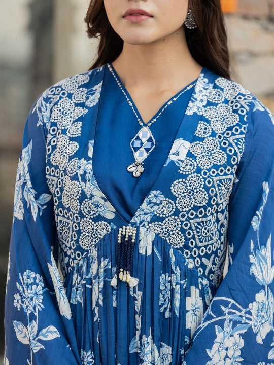 Floral Embroidered Bell Sleeves Mirror Work Pure Cotton Kurta With Palazzos
