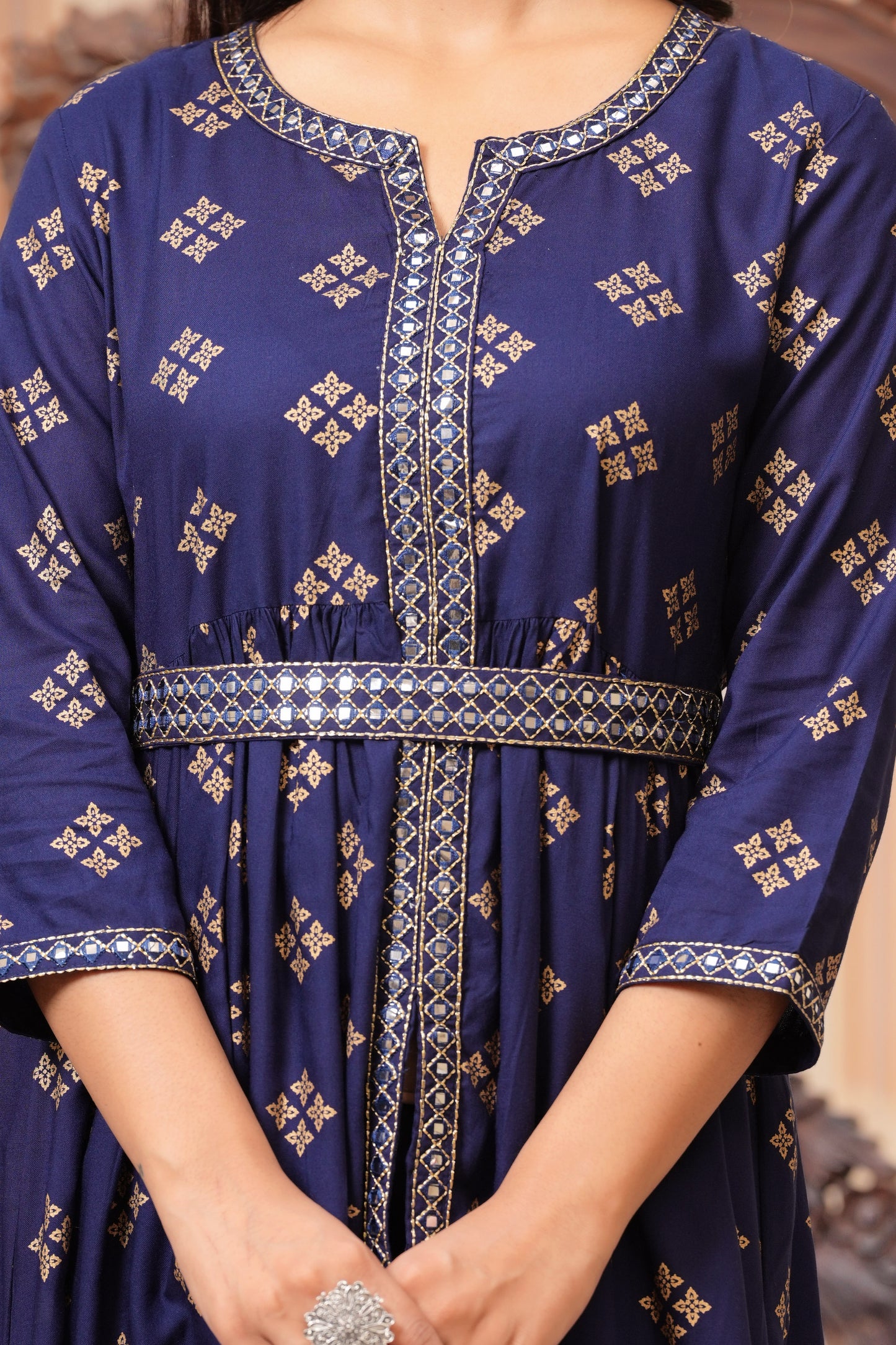 SIDDHANAM Floral Embroidered Empire Flared Anarkali Kurta With Trouser (Blue)