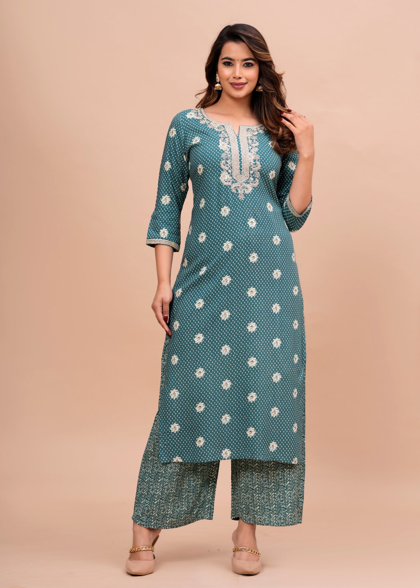 Green Floral Embroidered Regular Kurta with Palazzos & With Dupatta
