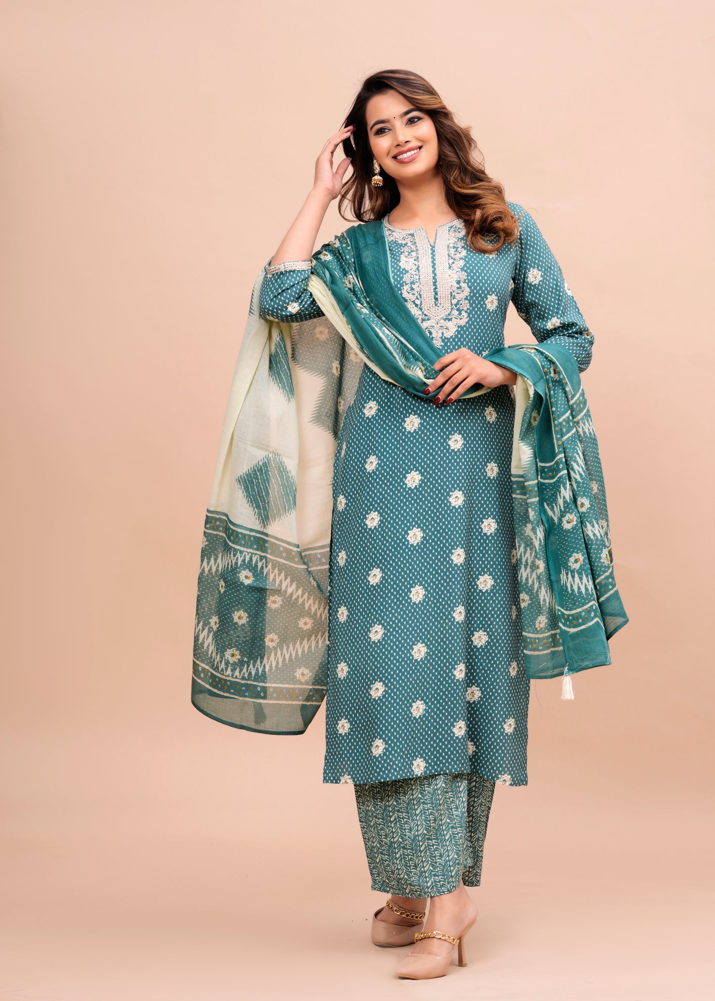 Green Floral Embroidered Regular Kurta with Palazzos & With Dupatta