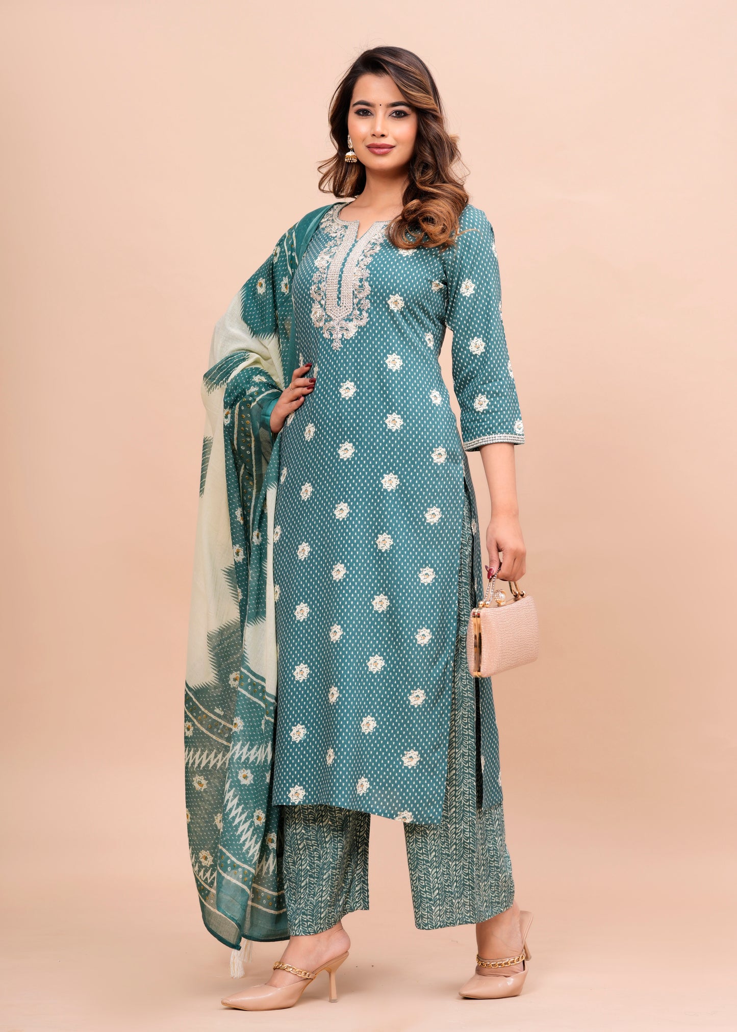 Green Floral Embroidered Regular Kurta with Palazzos & With Dupatta
