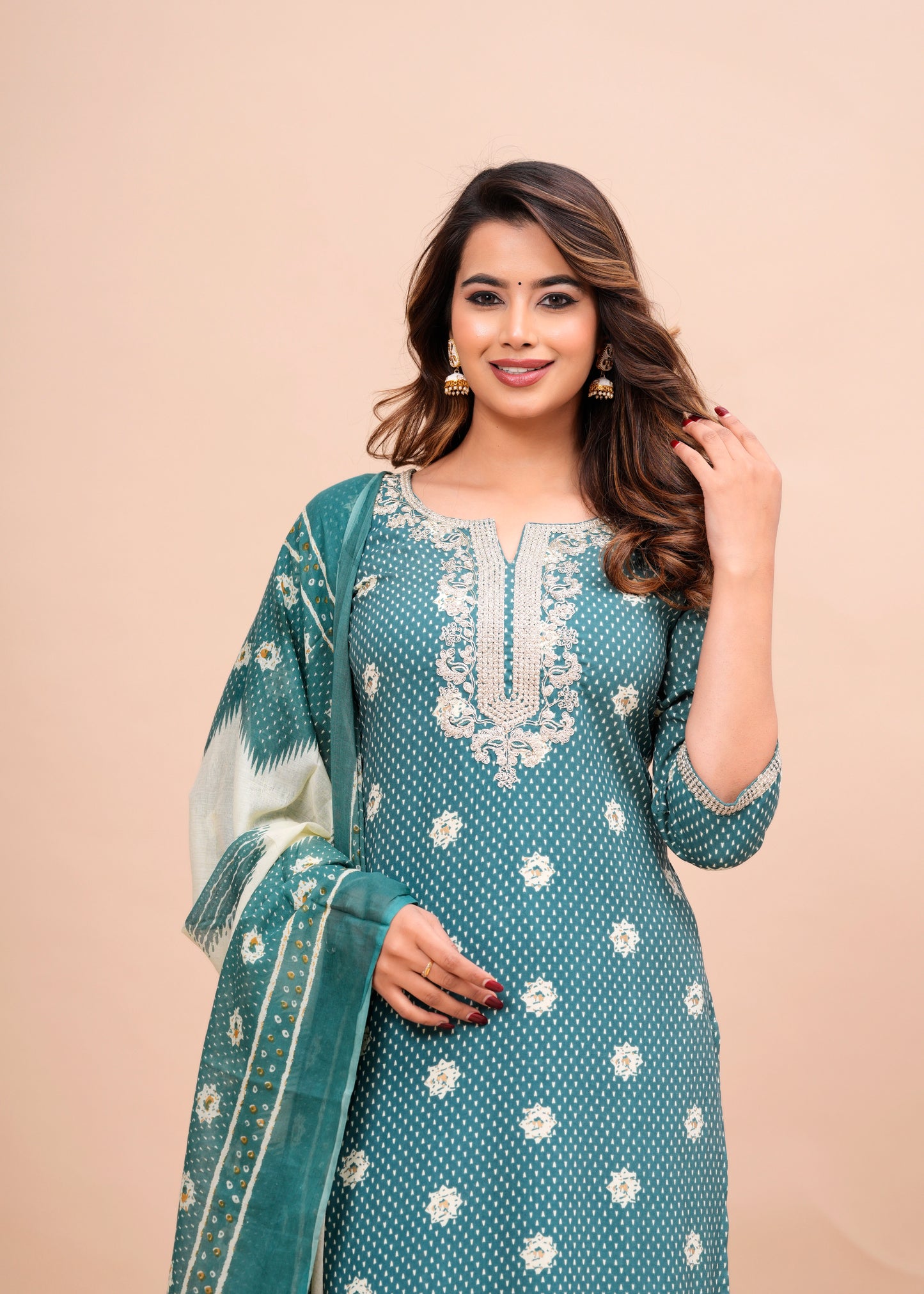 Green Floral Embroidered Regular Kurta with Palazzos & With Dupatta