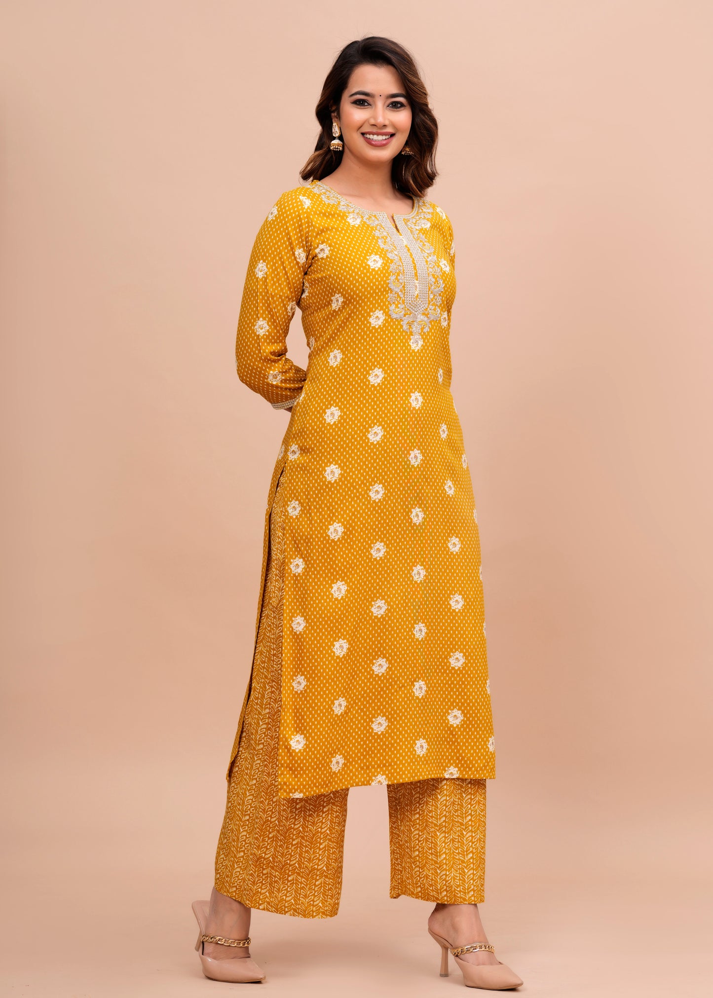 SIDDHANAM Ethnic Motifs Printed Regular Gotta Patti Kurta with Trousers & Dupatta Yellow