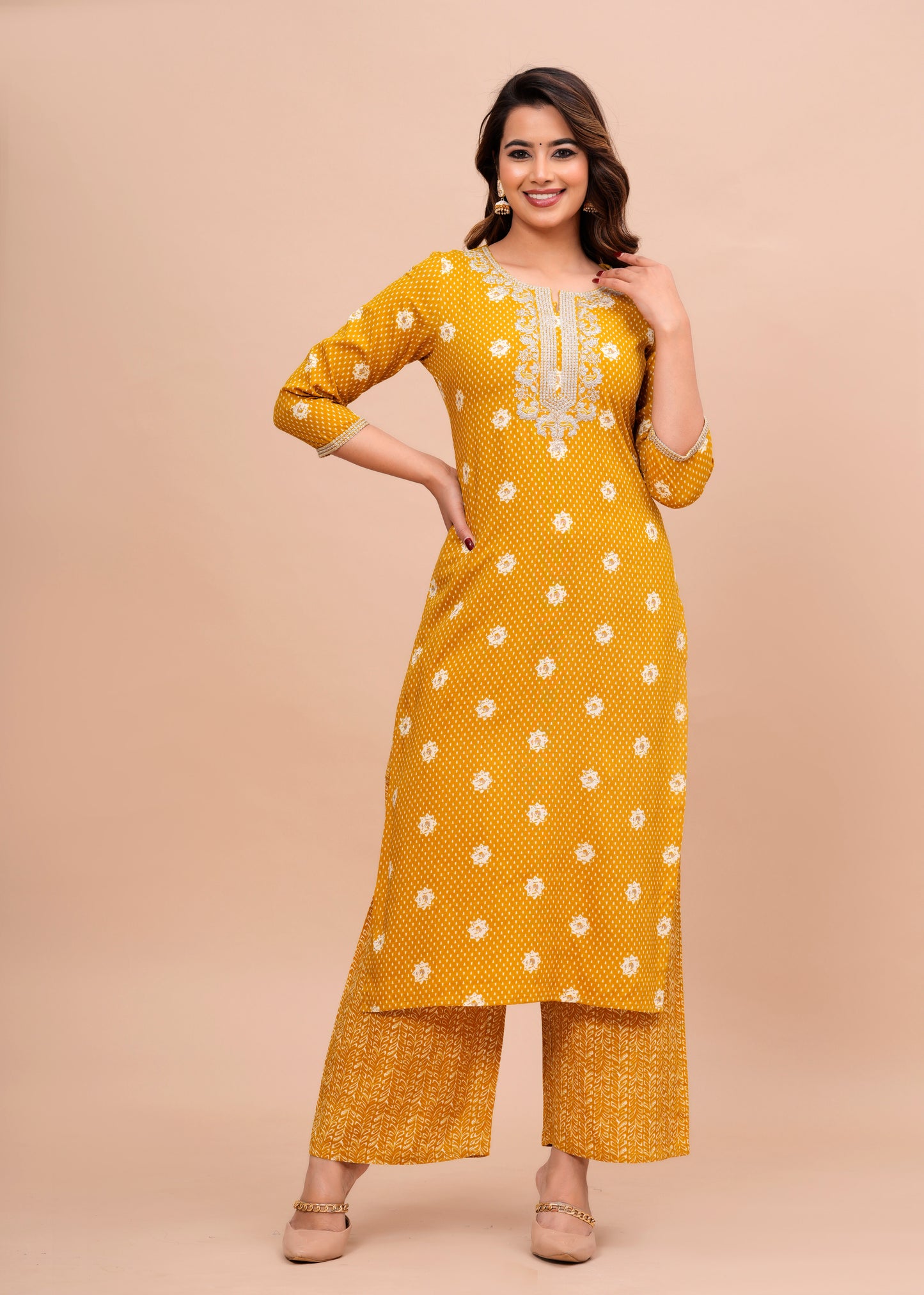 SIDDHANAM Ethnic Motifs Printed Regular Gotta Patti Kurta with Trousers & Dupatta Yellow