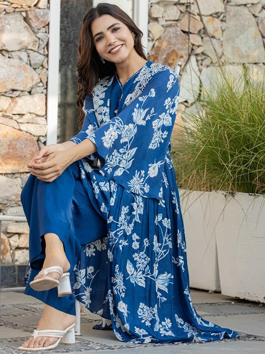 Floral Embroidered Bell Sleeves Mirror Work Pure Cotton Kurta With Palazzos