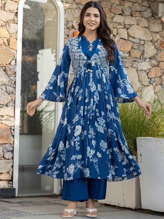Floral Embroidered Bell Sleeves Mirror Work Pure Cotton Kurta With Palazzos