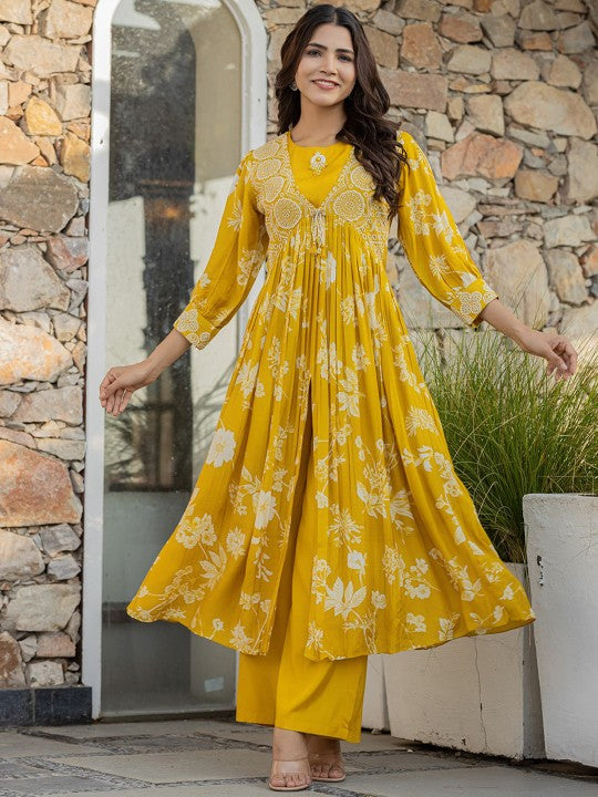 Floral Embroidered Bell Sleeves Thread Work Pure Cotton Kurta With Palazzos