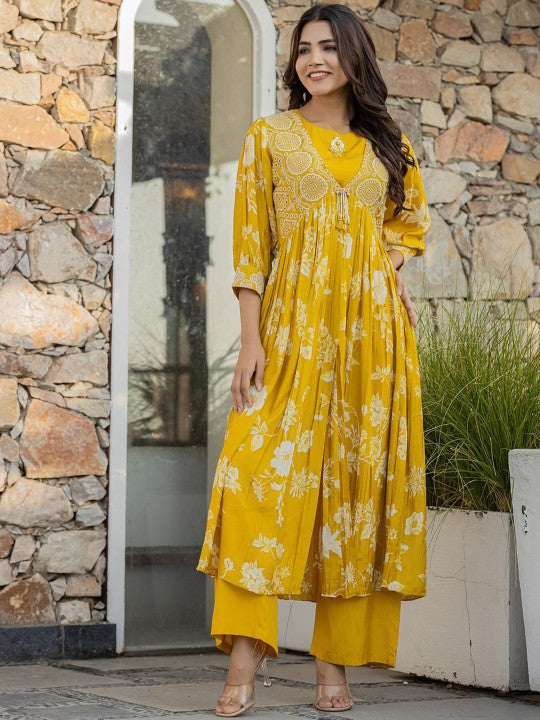 Floral Embroidered Bell Sleeves Thread Work Pure Cotton Kurta With Palazzos