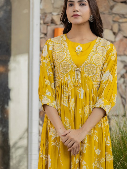 Floral Embroidered Bell Sleeves Thread Work Pure Cotton Kurta With Palazzos