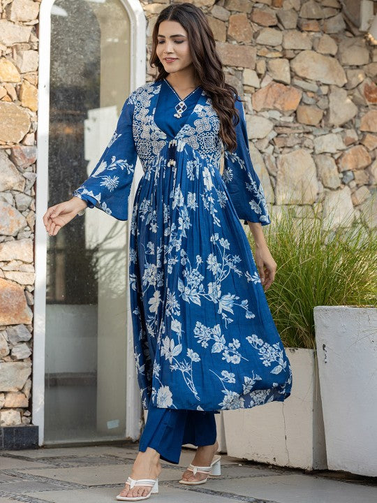Floral Embroidered Bell Sleeves Mirror Work Pure Cotton Kurta With Palazzos