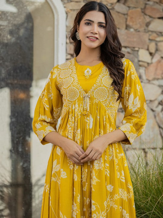 Floral Embroidered Bell Sleeves Thread Work Pure Cotton Kurta With Palazzos