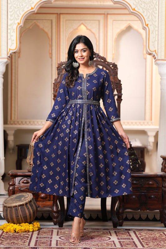 SIDDHANAM Floral Embroidered Empire Flared Anarkali Kurta With Trouser (Blue)