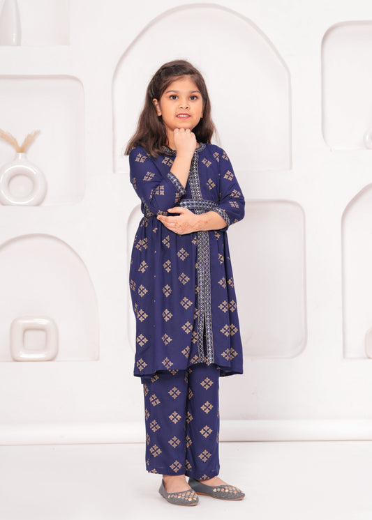 Blue Color Embroidered Printed Kurta Set For Girls