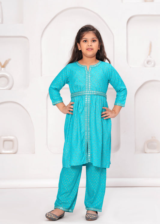 Blue Color Embroidered Printed Kurta Set For Girls