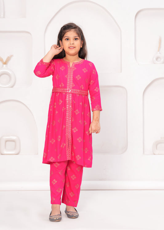 Pink Color Embroidered Printed Kurta Set For Girls