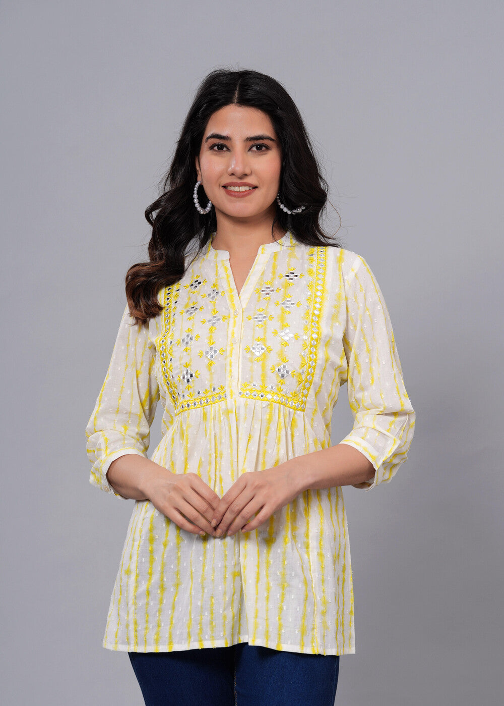 White Printed Mandarin Collar Three-Quarter Sleeves Cotton Empire Top