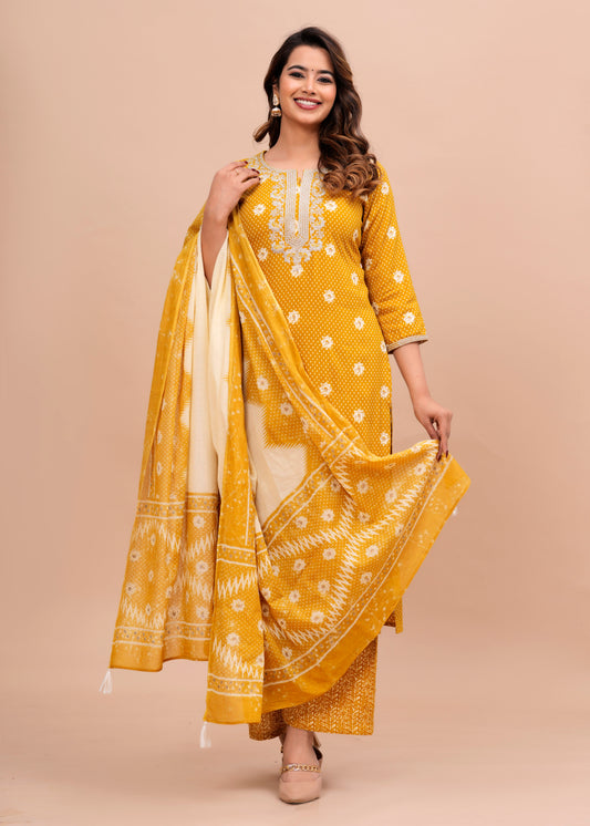 SIDDHANAM Ethnic Motifs Printed Regular Gotta Patti Kurta with Trousers & Dupatta Yellow