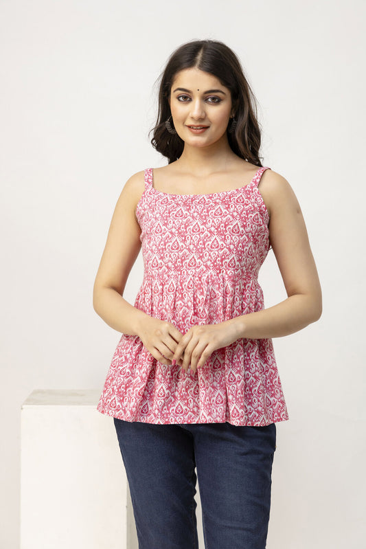 Pink & White Printed Ethnic Cotton Peplum Top