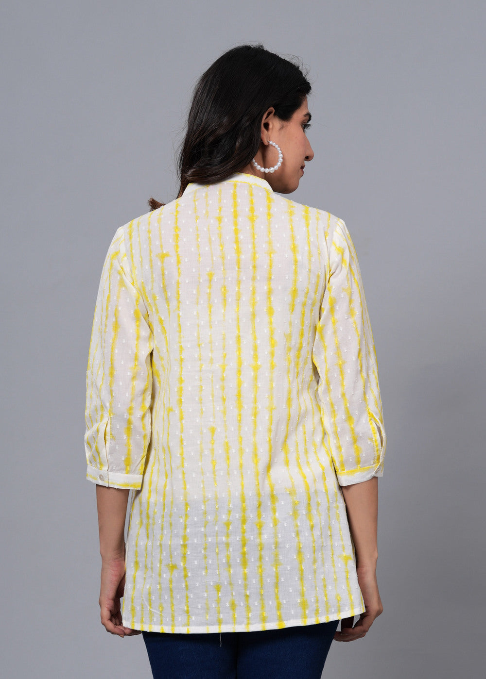 White Printed Mandarin Collar Three-Quarter Sleeves Cotton Empire Top