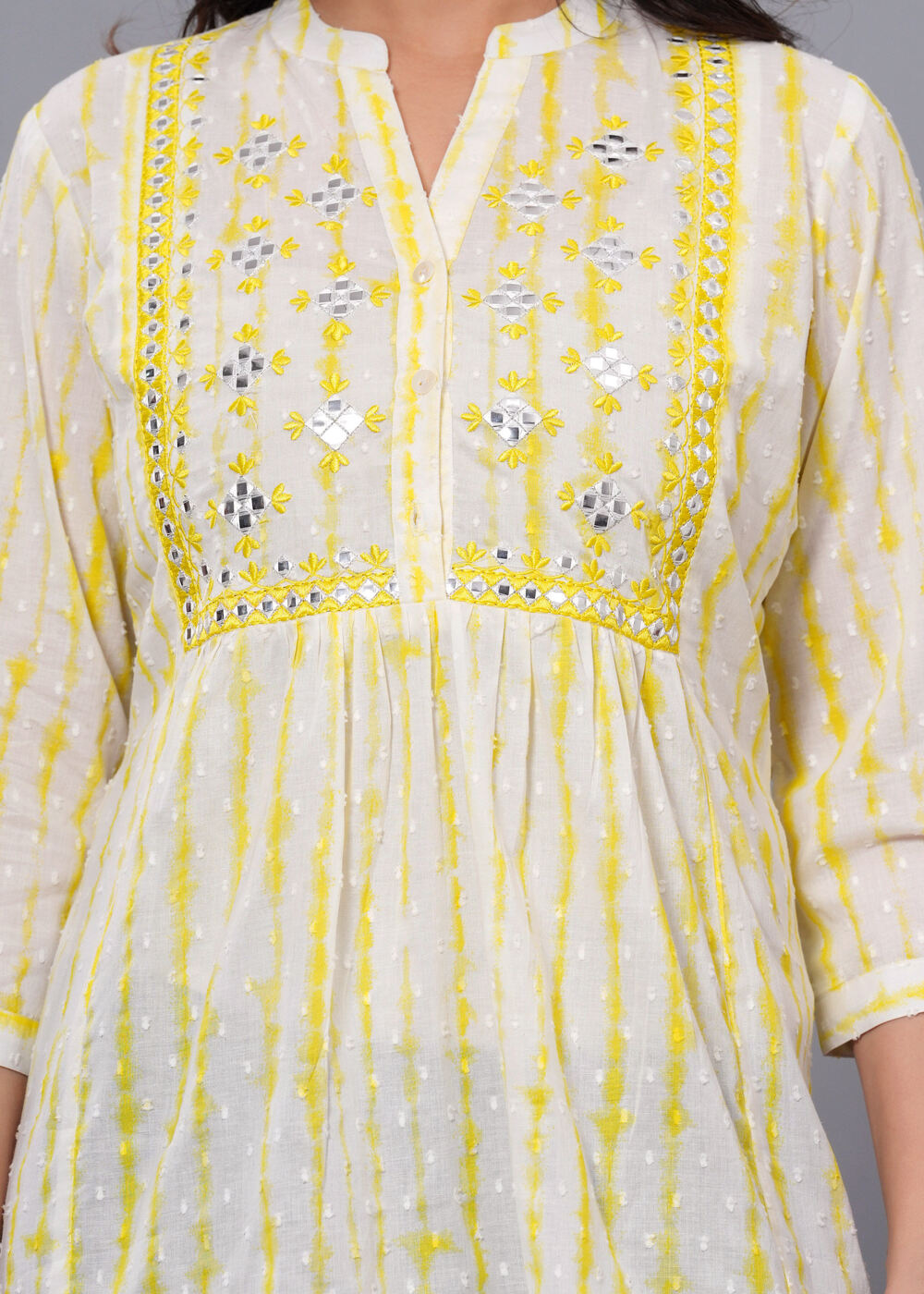 White Printed Mandarin Collar Three-Quarter Sleeves Cotton Empire Top