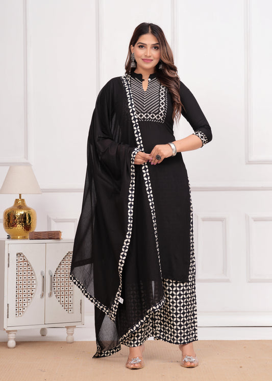 Ethnic Motifs Yoke Design Mirror Work Straight Kurta with Trousers & Dupatta