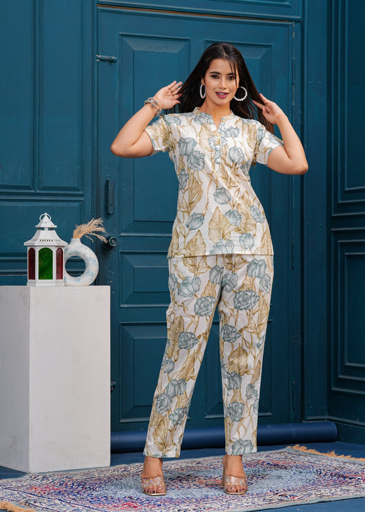 Off white and Blue Printed Pure Cotton Top With Trousers Co-Ords