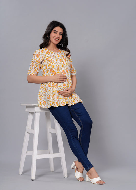 Off White & Yellow Regular A-Line Maternity Top