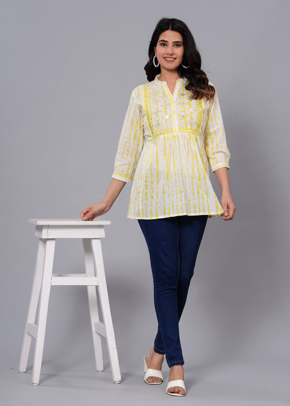 White Printed Mandarin Collar Three-Quarter Sleeves Cotton Empire Top