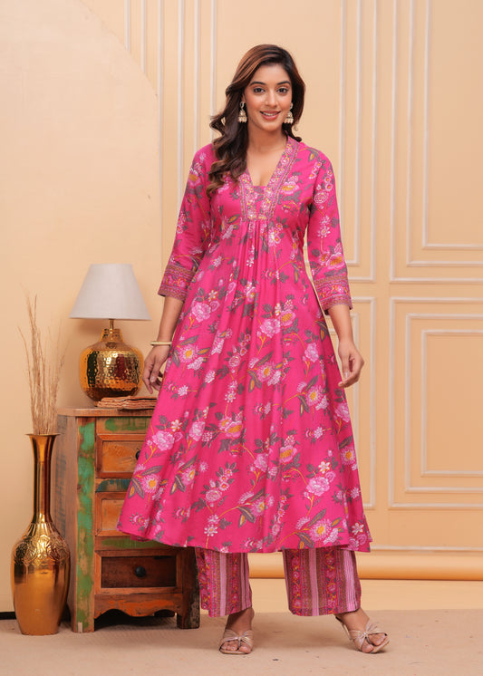 Floral Printed V Neck Anarkali Kurta with Trousers