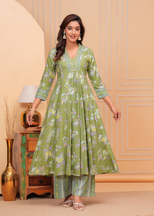 Floral Printed Mirror Work V Neck Anarkali Kurta with Trousers