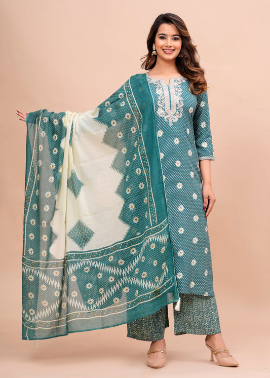 Green Floral Embroidered Regular Kurta with Palazzos & With Dupatta